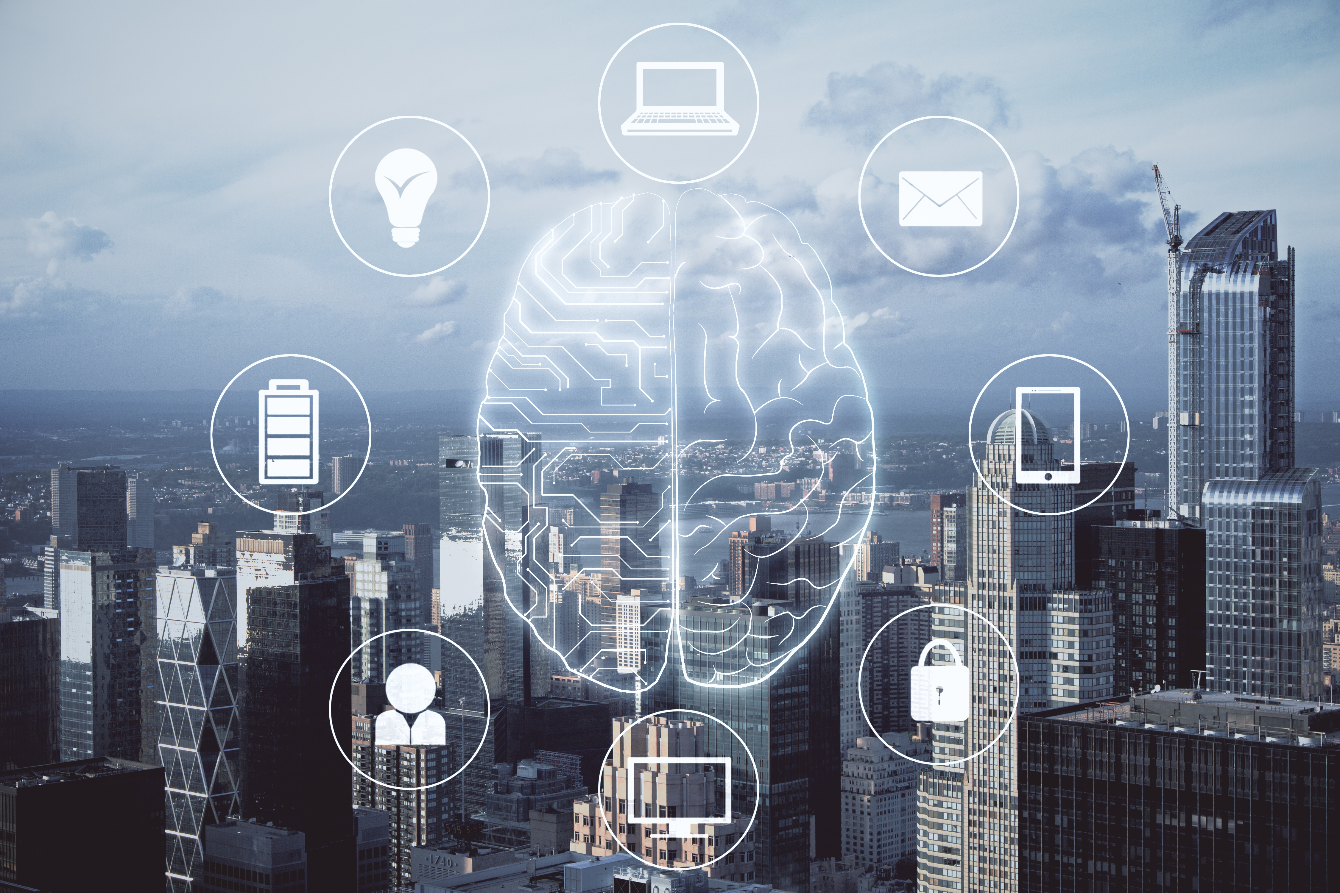 Modern cityscape with glowing AI brain overlay showing circuit patterns, representing AI-powered smart utilities and sustainable energy transformation