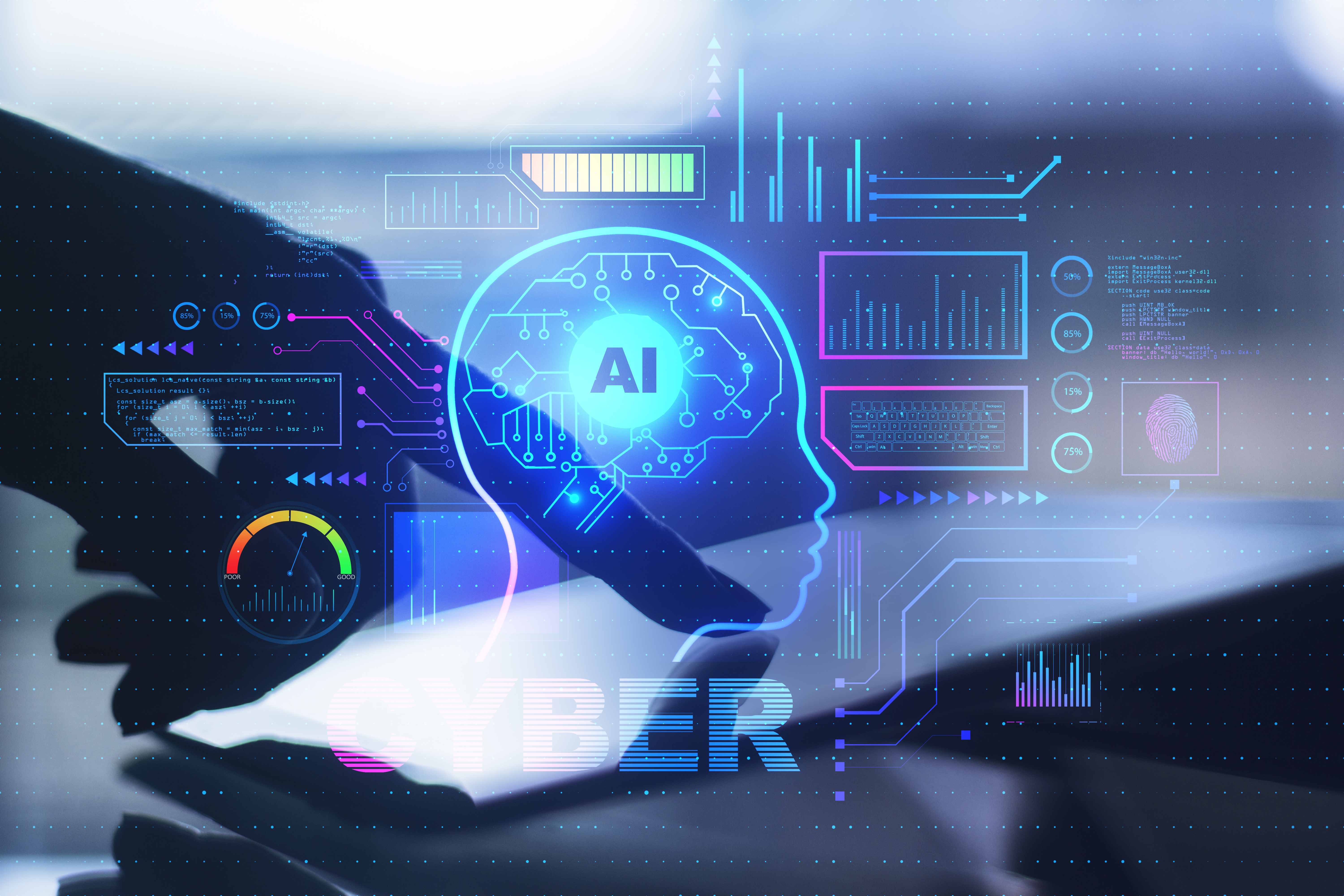 Business professional holding tablet displaying glowing blue neural network brain graphic, representing AI-powered leadership decision-making
